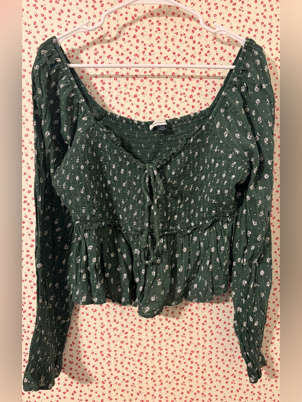American Eagle Dark Green Floral Smocked Top